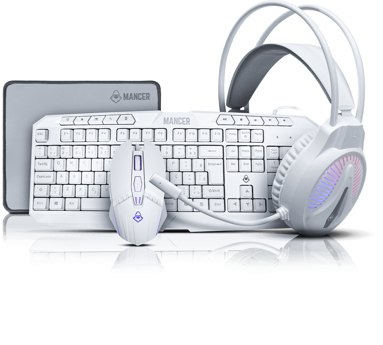 Combo Gamer Mancer ORC V2 4x1, Rainbow, Teclado ABNT2, Mouse 6400DPI, Mousepad Pequeno, Headset Drivers 40mm, Branco, MR