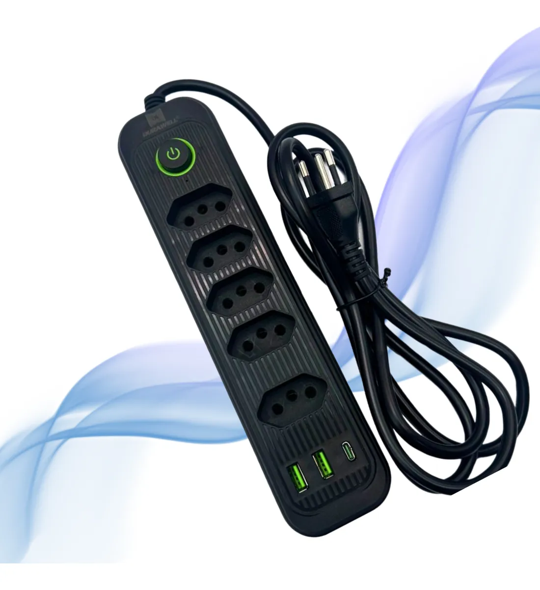 Extensão Elétrica 5 Tomadas 2 Usb 1 Tipo C Filtro De Linha Preto 127/220v